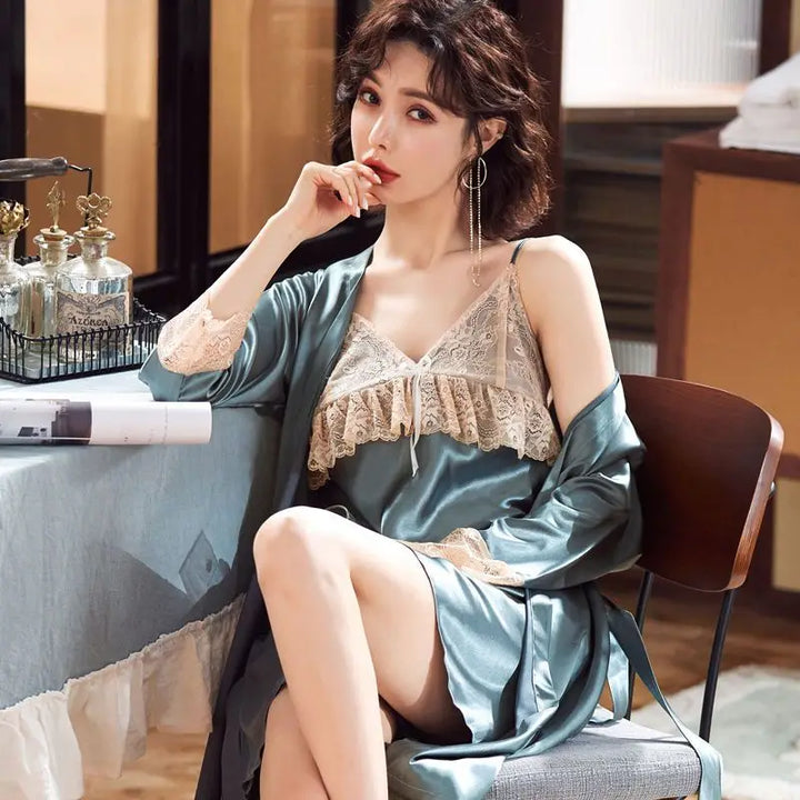 Nightdress Two Piece Set Cardigan Sexy Nighty for Ladies