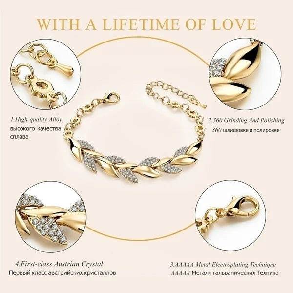 Luxury Love Braided Leaf Bracelet Charm Crystal Wedding Bracelets for Women